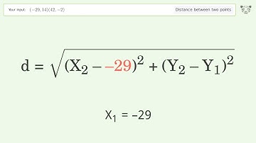 Find the distance between two points p1 (-29,14) and p2 (42,-2): Step-by-Step Video Solution
