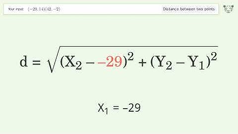 Find the distance between two points p1 (-29,14) and p2 (42,-2): Step-by-Step Video Solution