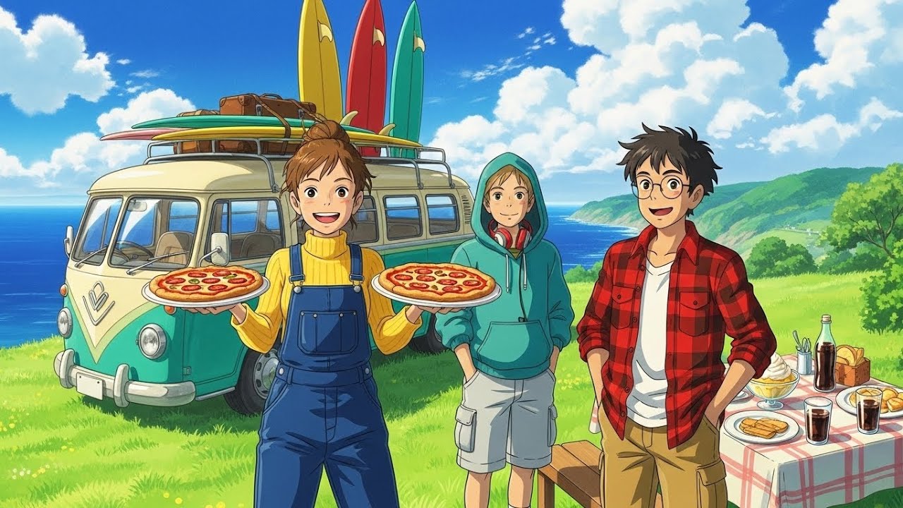 Cozy Van Life by the Ocean 🌊 Cooking Pizza & Lemon Mousse | Ghibli Style ASMR