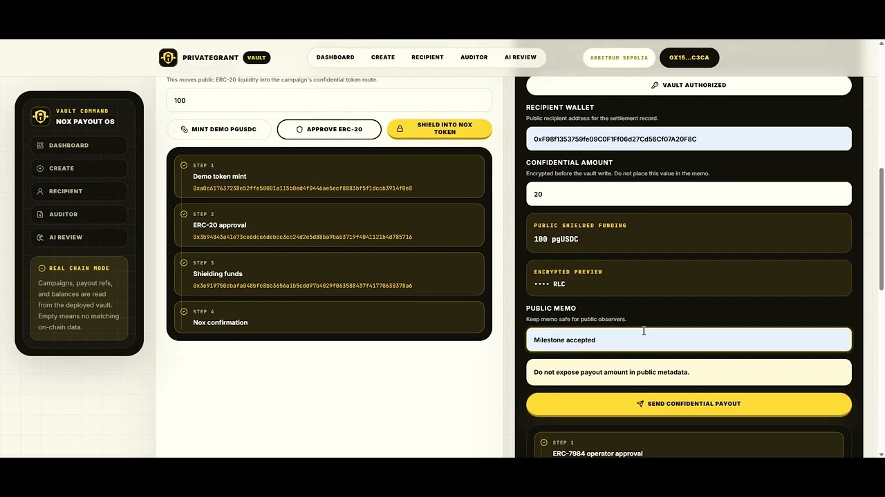 PrivateGrant Vault Demo: Confidential Web3 Payouts with iExec Nox