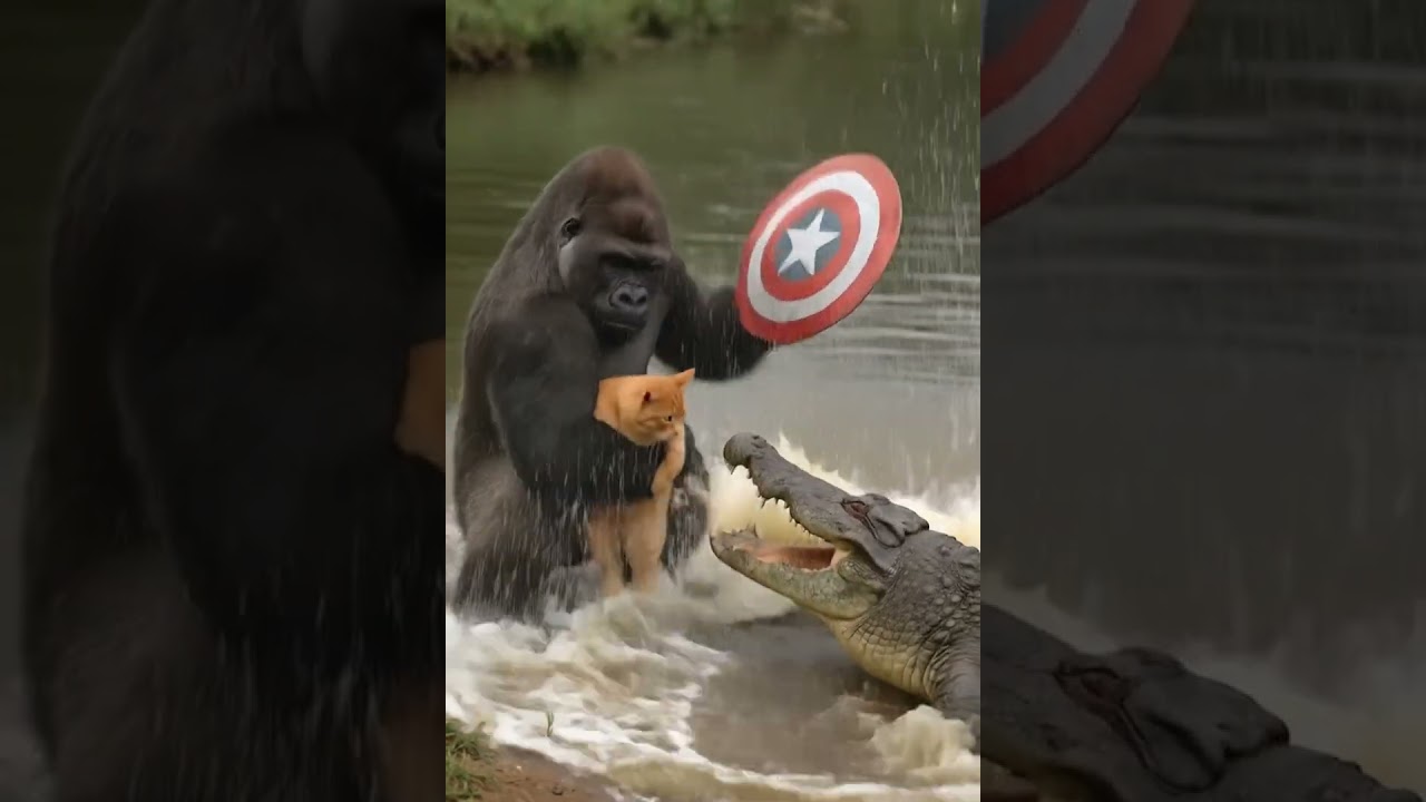 Gorilla Wields Captain America’s Shield to Protect Orange Cat from Crocodile 🛡️🐱🐊