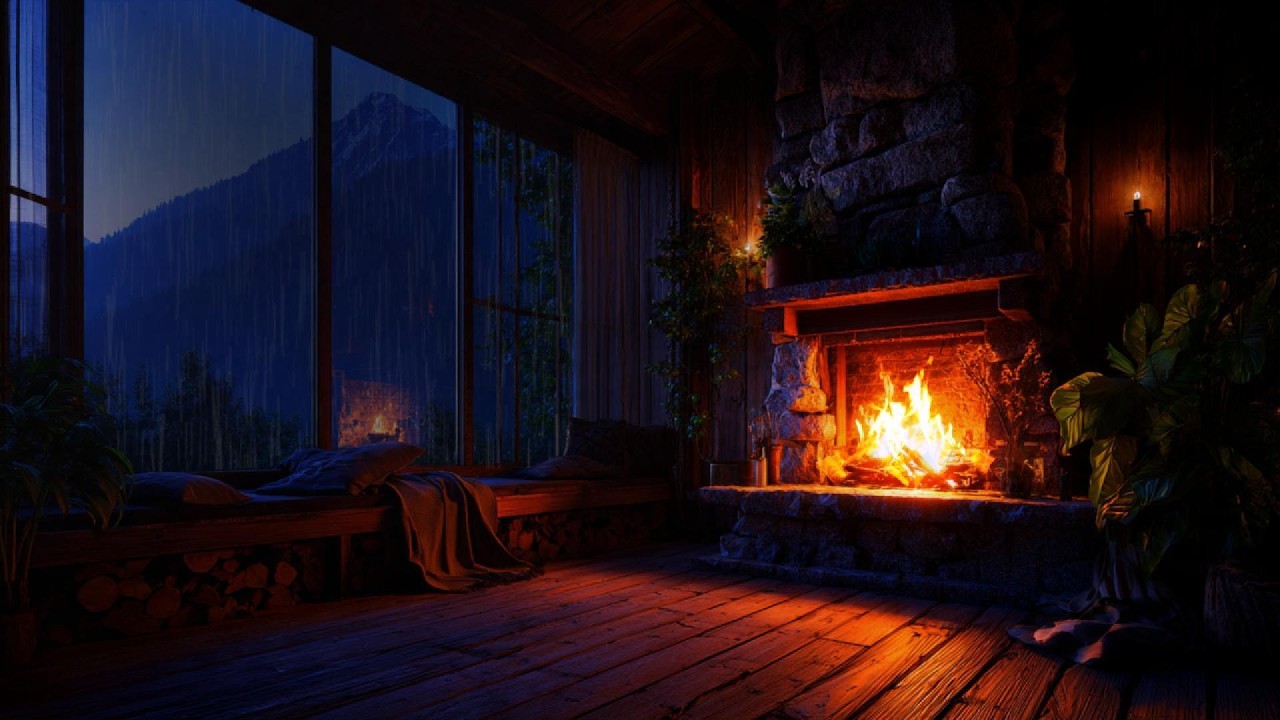 Cozy Cabin Fireplace & Heavy Rain by the Mountain 🌧️🔥 Rain Sounds for ...