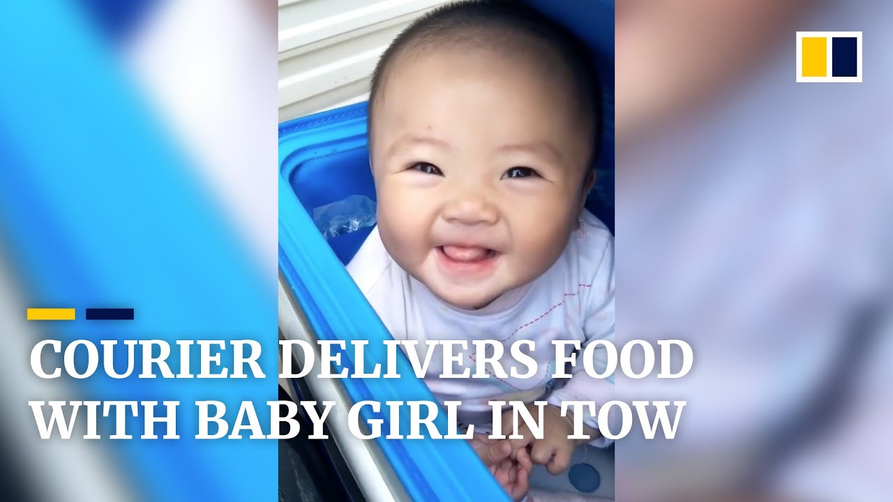 Delivery courier in China goes to work with baby girl in tow - YouTube