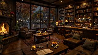 Cozy Autumn Rain Library 🍂 Soft Piano Jazz & Warm Fireplace Ambience For Deep Focus & Study