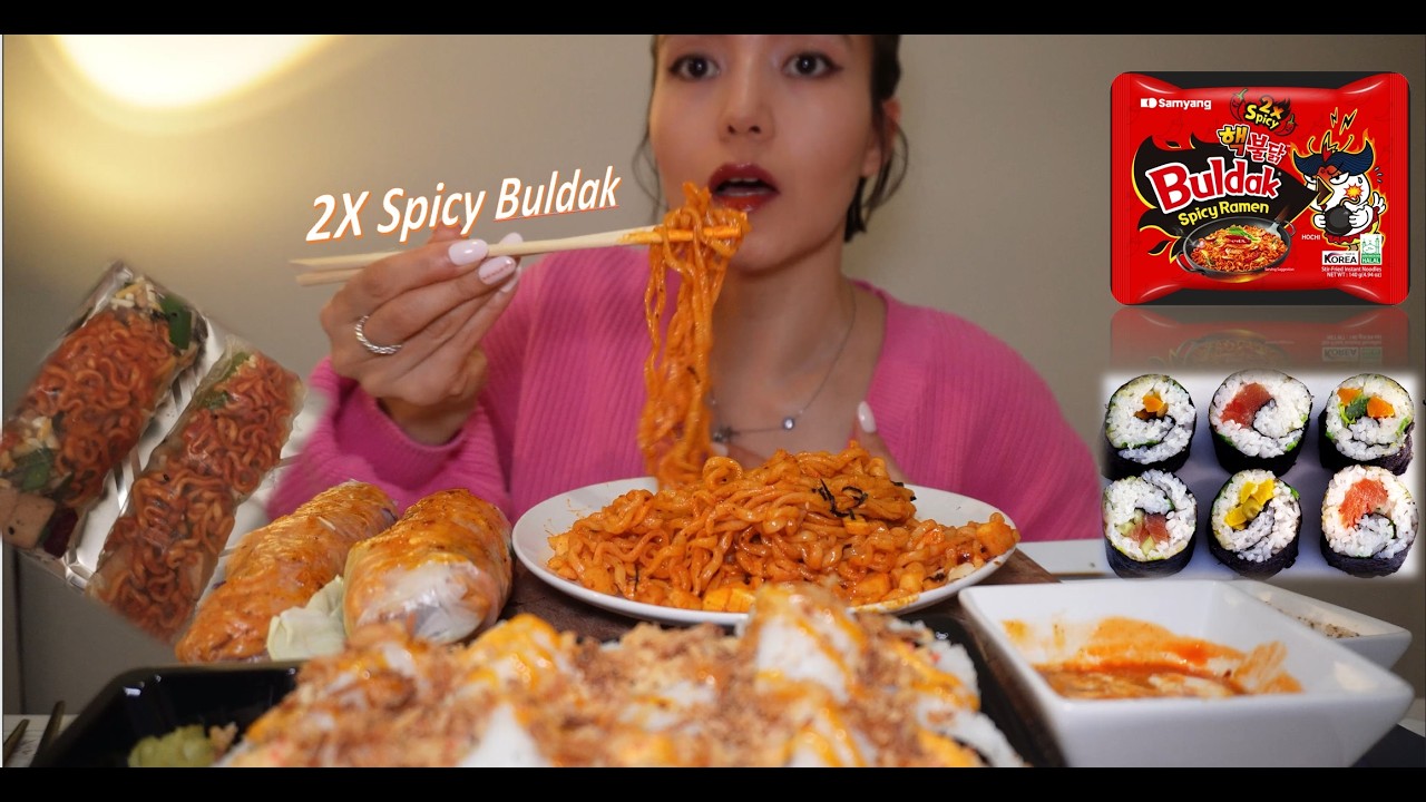 Spicy Buldak Ramen Challenge 🌶️🔥 + Sushi & Spring Rolls Combo #mukbang