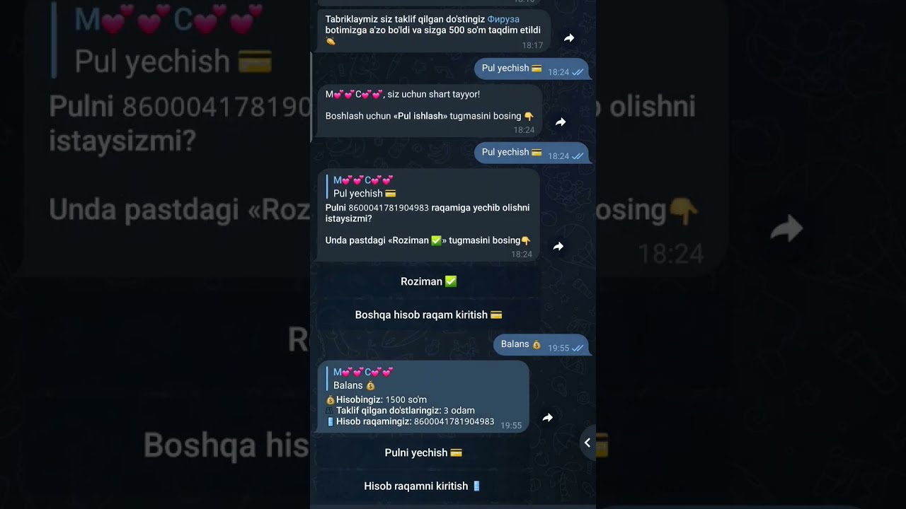 Telegram bot orqali 100  pul ishlash