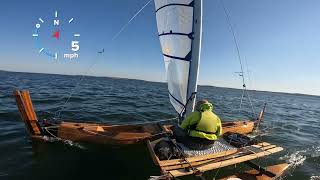 Crazy Proa Project. Shunting downwind in 7-10 knots of wind.
