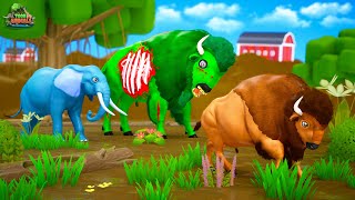 Zombie Monster Bison vs Cows & Elephant | Bison Attacks Cow Videos | Wild Animals Fights 3D Cartoons