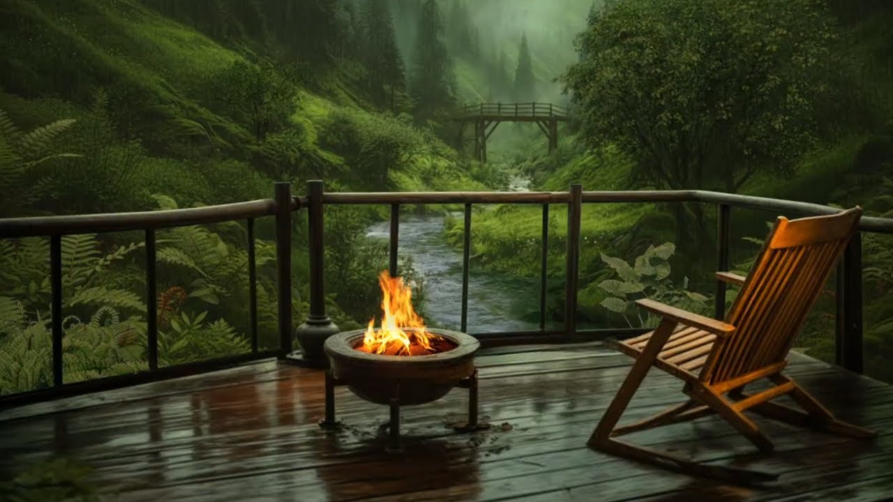 Relaxing Rain in Cabin Forest Ambience by Quite River🌧️Fire Crackling & Nature Sounds to Fall Asleep