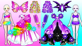 Paper Dolls Dress Up - Pink Vs Purple Princess Rainbow Hair and Dress Up - Barbie Story & Crafts