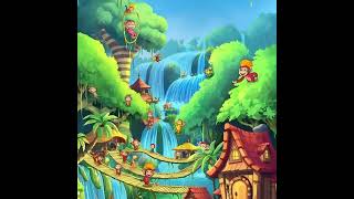 A colorful cartoon jungle filled with glowing waterfalls, striped trees, talking animals, and a chee