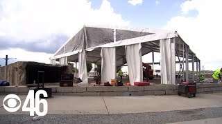 CBS46 crews setting up at Assembly Atlanta