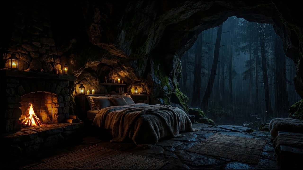 🔕 Ad-Free Rain ASMR 🌲 Rain For Sleep in Hidden Forest Cave & Fire Crackling Sounds for Sleeping