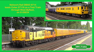 Network Rail DBSO 9714 leads Colas 37116 on Test Train through West Byfleet, on 01/08/24