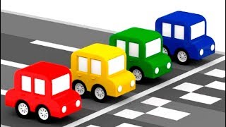 Nova pista de corrida. 4 carros coloridos. Animação infantil