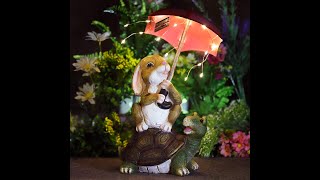 Solar Garden Statue Outdoor Decor, Rabbit Siting on Turtle Holding an Umbrella with String Lights screenshot 5