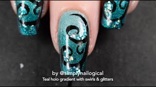Teal holo gradient with freehand swirls and glitters nail art