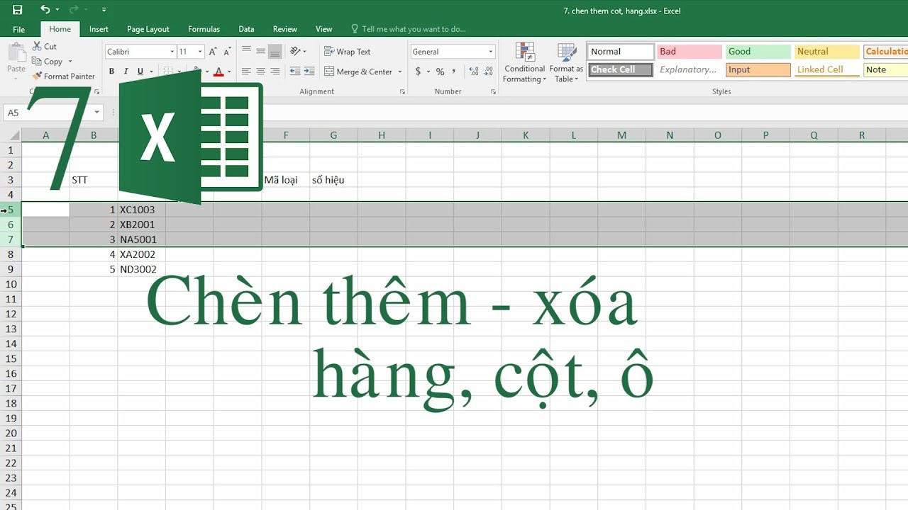 แถบ เครื่องมือ excel 2010  New Update  7. Cách chèn thêm (xóa) hàng, cột và ô trong Excel