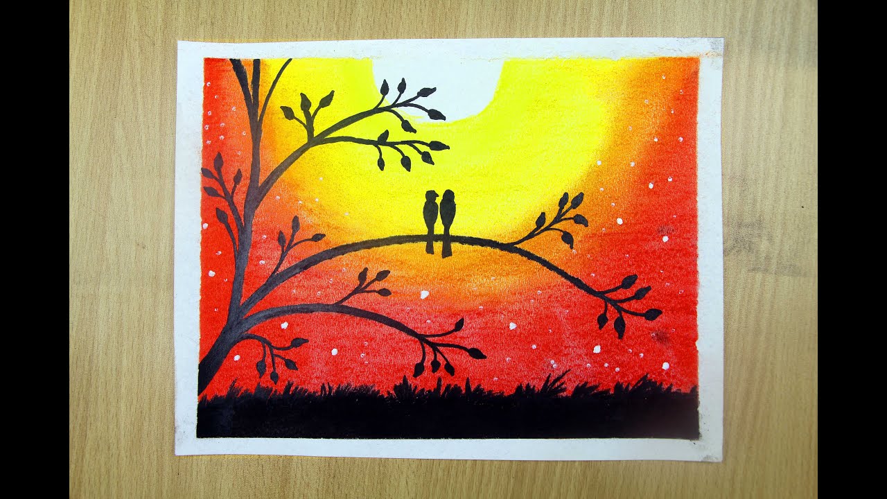 Daily Challenge #12 / Room Painting with Nature / How To Draw Love Bird &  Sunset Scenery