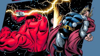 Red Hulk lifts Thor's hammer: Red Hulk Green Hulk