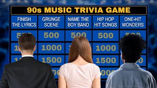 Jeopardystyle 90s music trivia game show  Grunge! Hip Hop! Boy Bands!