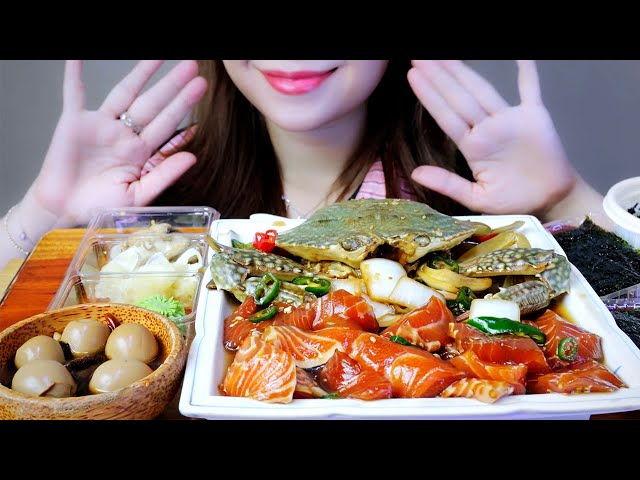ASMR Raw Salmon and Crab soaked in soy sauc EATING SOUNDS | LINH-ASMR