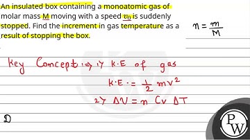 An insulated box containing a monoatomic gas of molar mass M moving with a speedv0 is suddenly s....