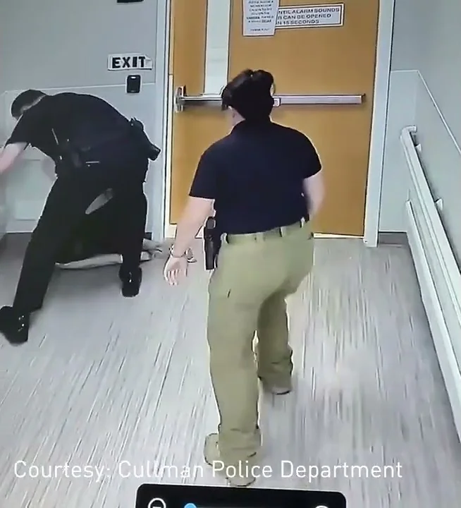 Man being escorted by police tries to grab officer...