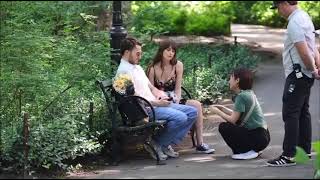 Dakota Johnson and Chris Evans with director Celine Song on the set of 'Materialists'