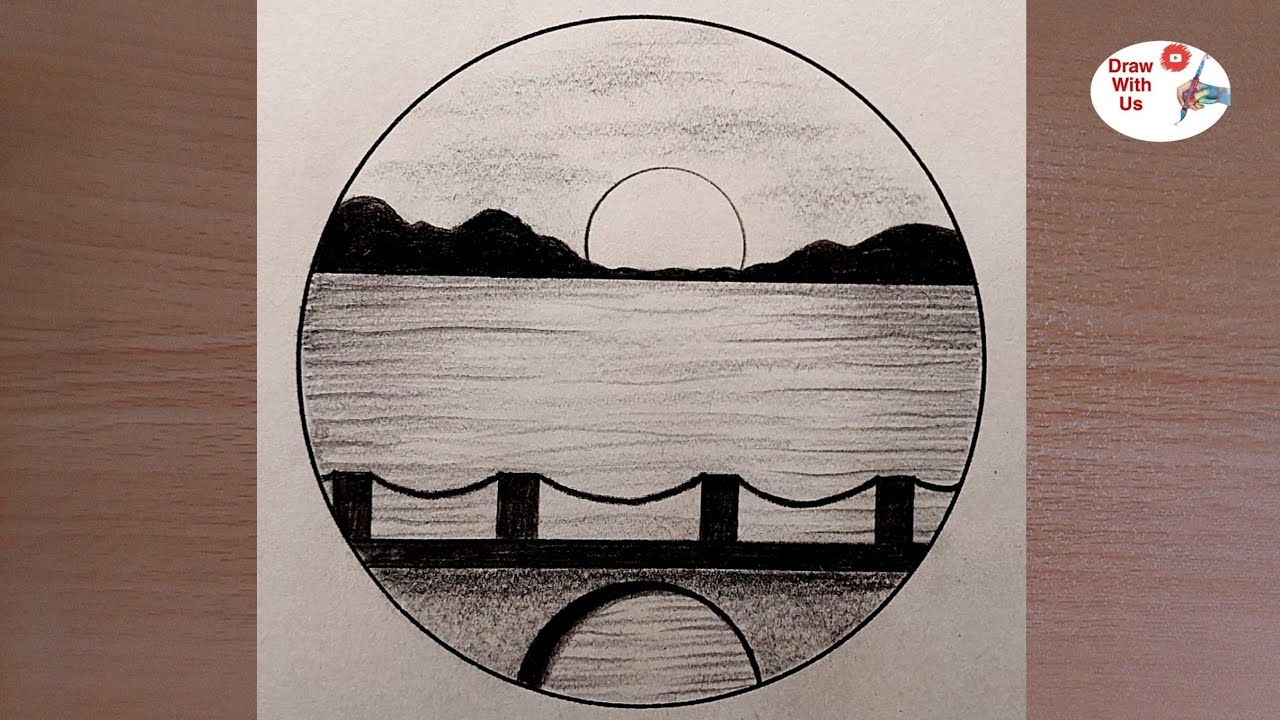 How to Draw Sunset Scenery with Pencil Sketch | Easy circle landscape ...