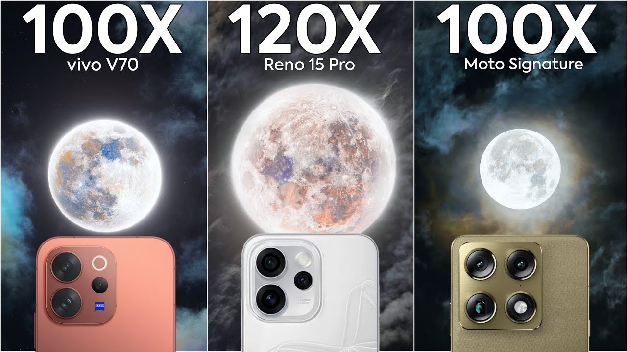 Сравнение характеристик Vivo V70, Motorola Signature и Oppo Reno 15 Pro в режиме Live Zoom.