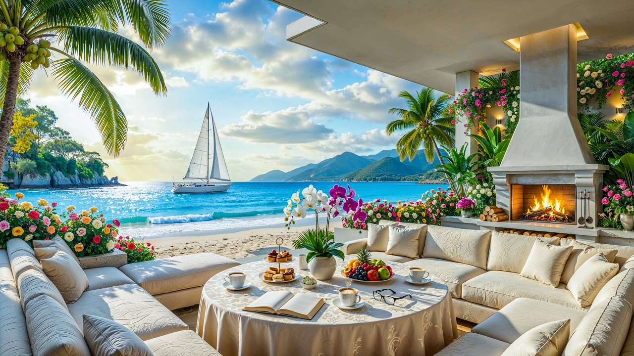 Прибрежный джаз у камина для внутреннего покоя | Теплое фортепиано под звуки огня и нежных волн д...