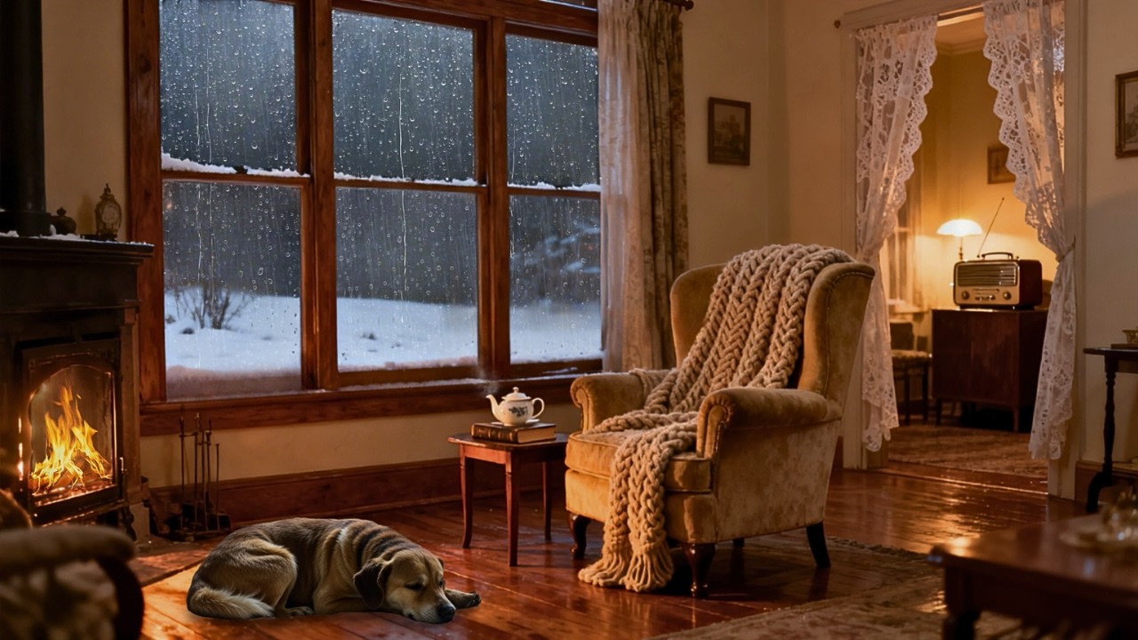 Cozy Rainy Night 🌧️ Oldies Playing in Another Room | Vintage Fireplace Ambience