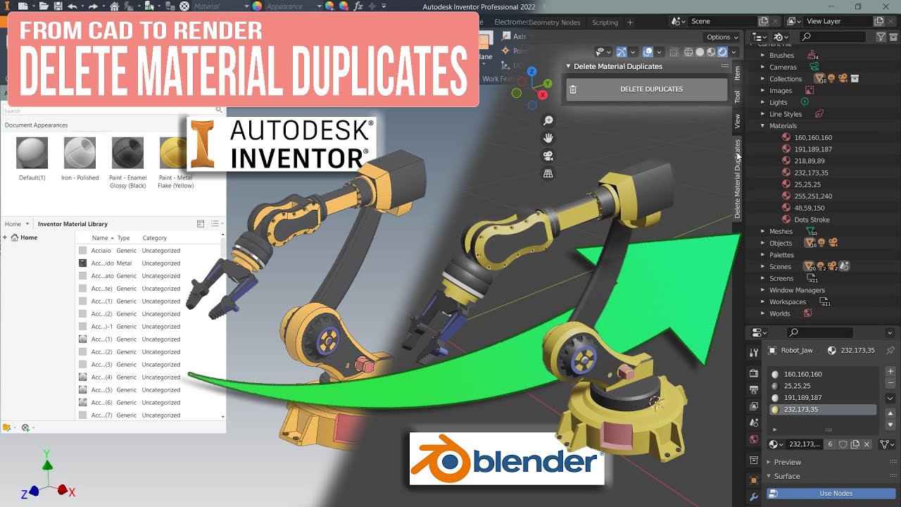 Inventor 202x to Blender 2.9x/3.x Delete Material Duplicates free add