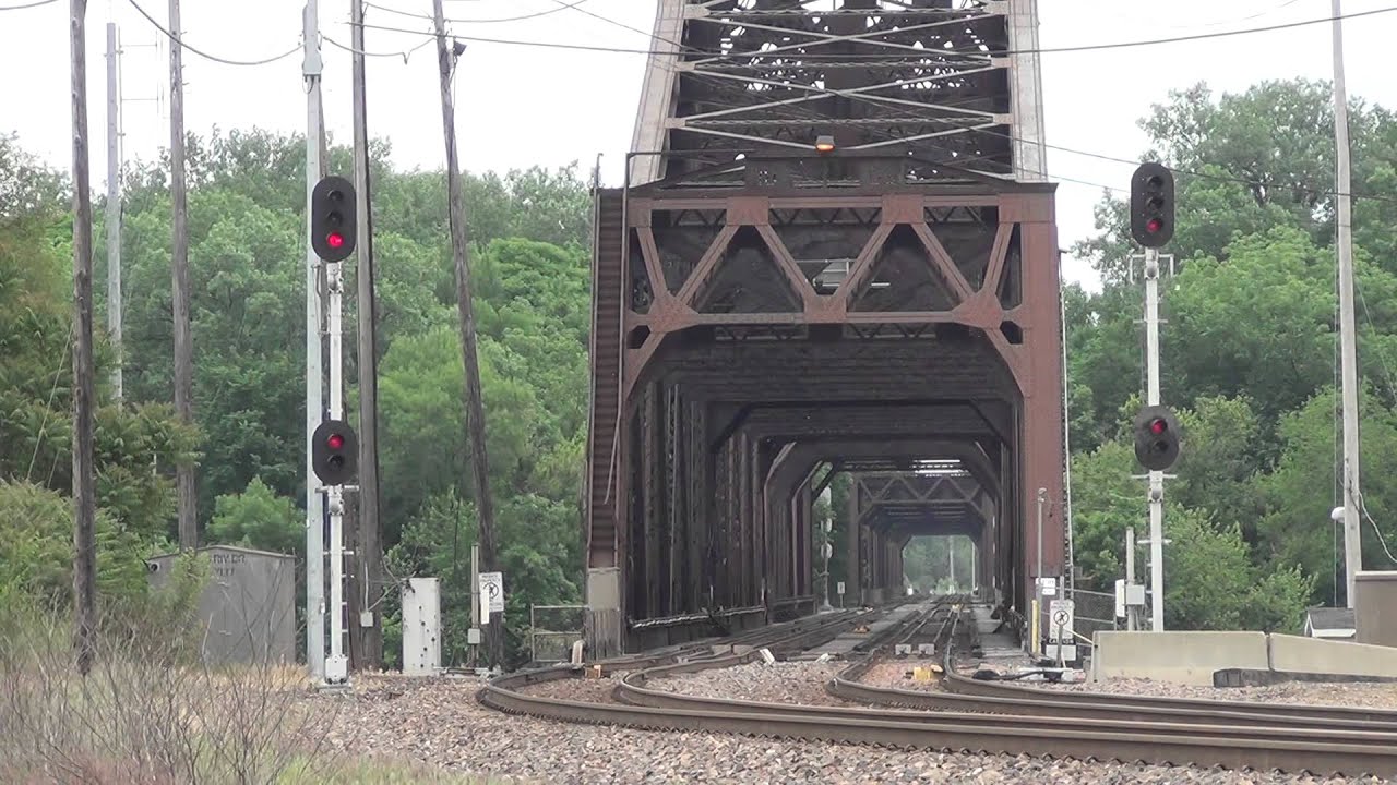 Red signals guard Union Pacific Railroad bridge over the