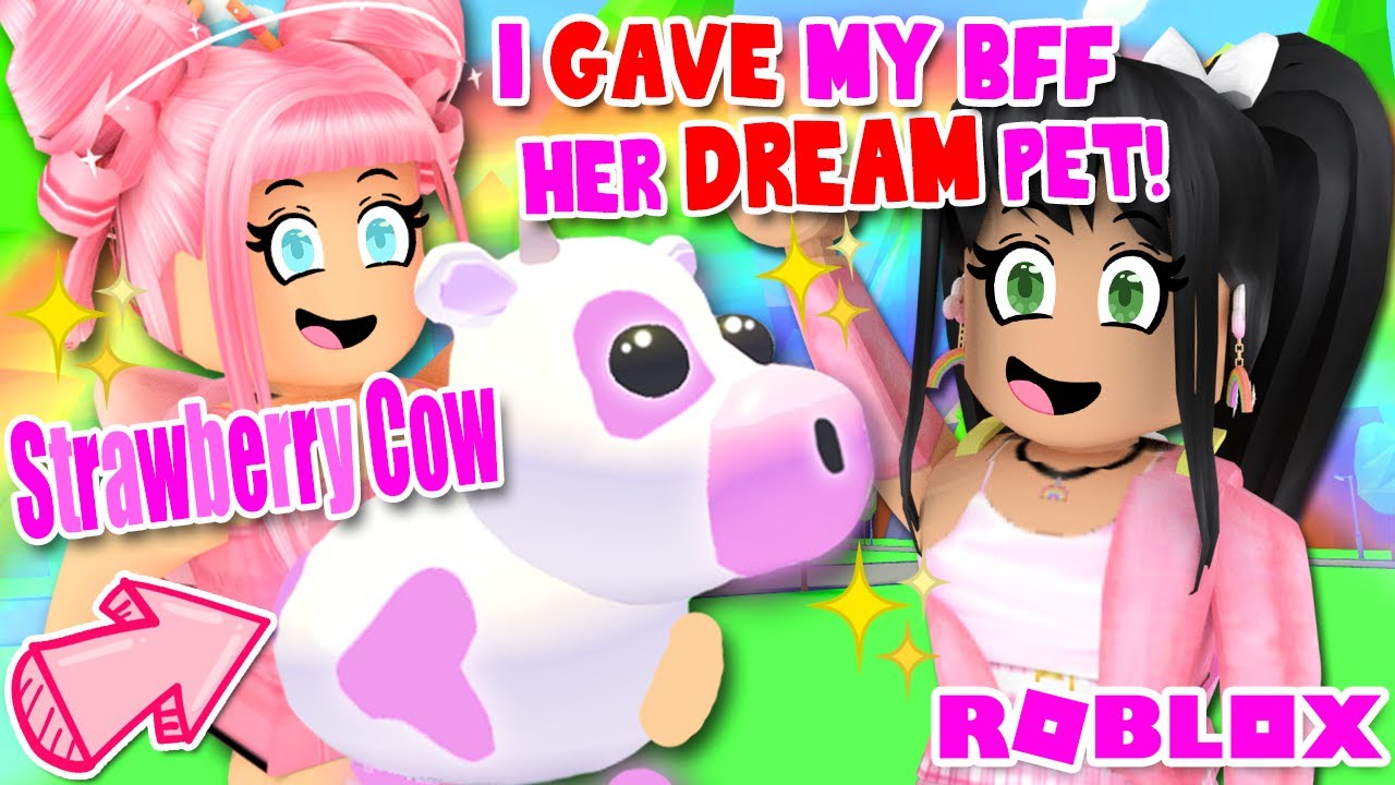 I Gave My Bff Her Dream Pet Adopt Me Roblox Strawberry Cow Youtube - pink strawberry cow roblox logo