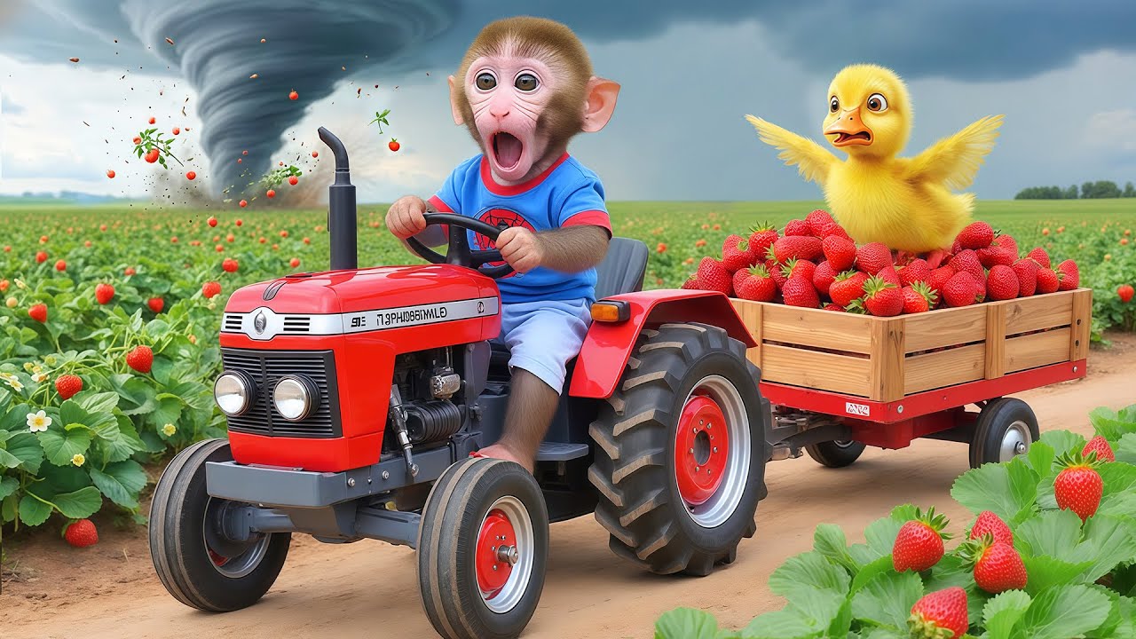Bebé mono NaNa conduce un tractor para cosechar fresas y rescata a un patito de un tornado.