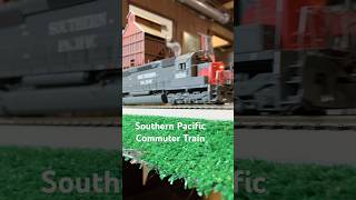 Ho scale model Southern Pacific Commuter train push pull configuration.