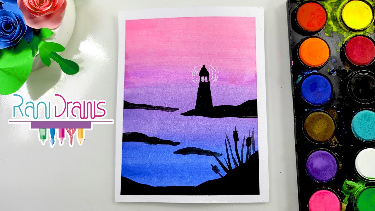Cómo dibujar un PAISAJE DE ATARDECER FARO - ideas de paisajes con ACUARELA