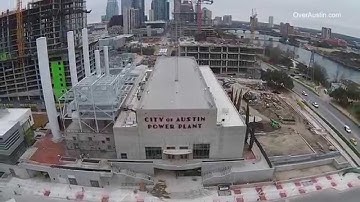 Aerial pull back of the Austin Seaholm Power Plant - OverAustin.com