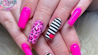 Bright pink valentines leopard print acrylic nails