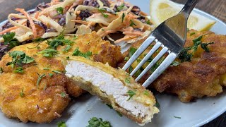 Juicy chicken schnitzel with a simple salad