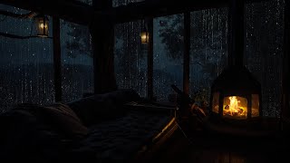 Rain and Fire Sounds in Forest Cabin | Calm Night Sleep Atmosphere