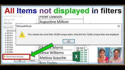 This column has more than 10,000 items | Only the first 10,000 unique items are displayed | excel