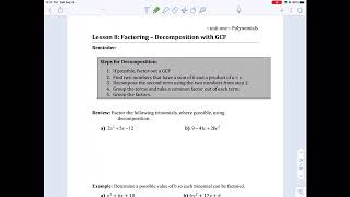 10C Lesson 8:  Factoring - Decomposition with GCF