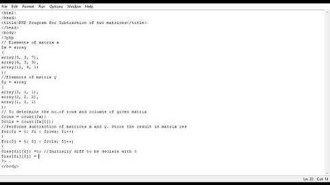 PHP Program for Subtraction of two matrices