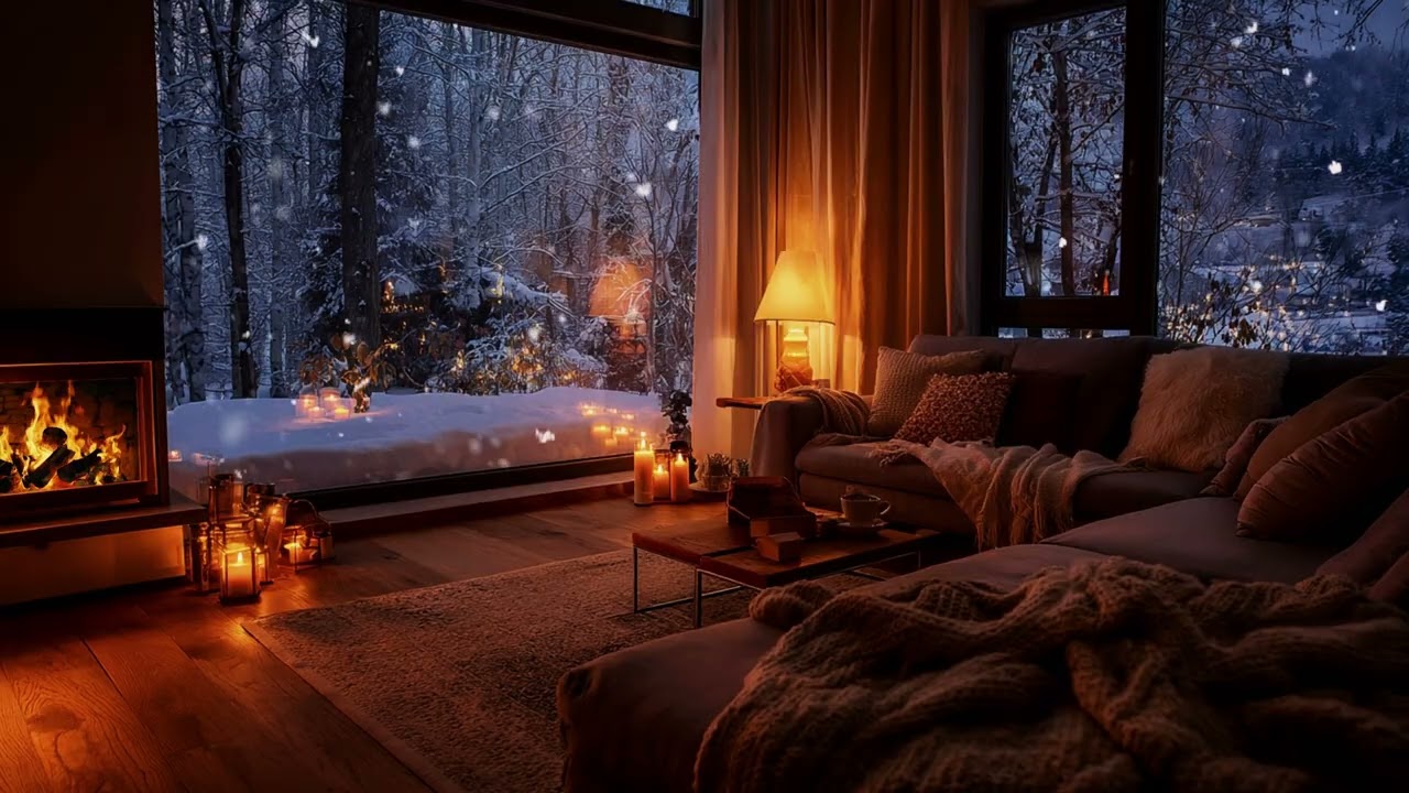 Cozy Living Room • Fireplace & Snowy Window 