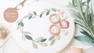 wreath embroidery+PDF pattern \ تطريز اكليل للمبتدئين ، ٣ انواع ورد سهلة + باترون