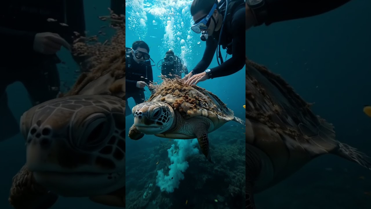 Divers helping wounded turtle 