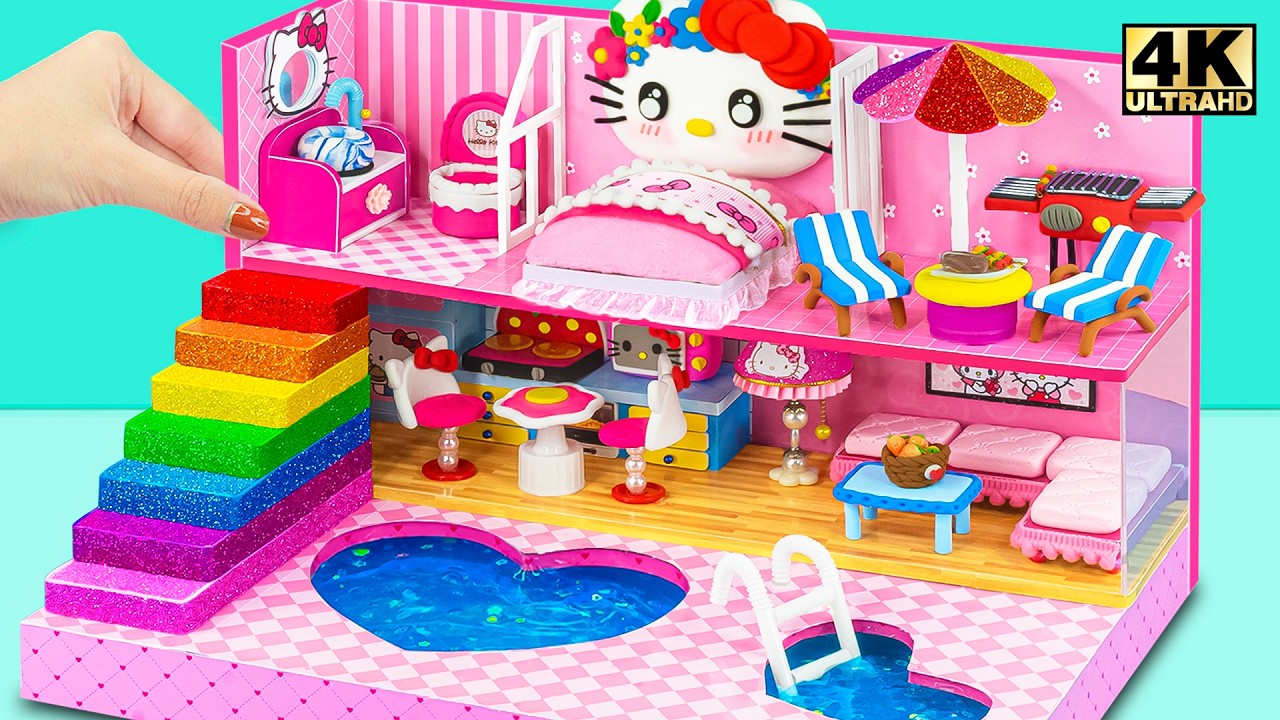 Build Hello Kitty House with Rainbow Stair, Heart Pool & BBQ Balcony 💗 DIY Miniature Cardboard House